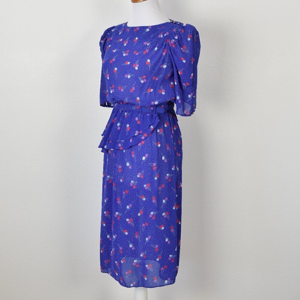 80's Vintage Floral Belted Peplum Formal Dress - 4 - Picture 9 of 13